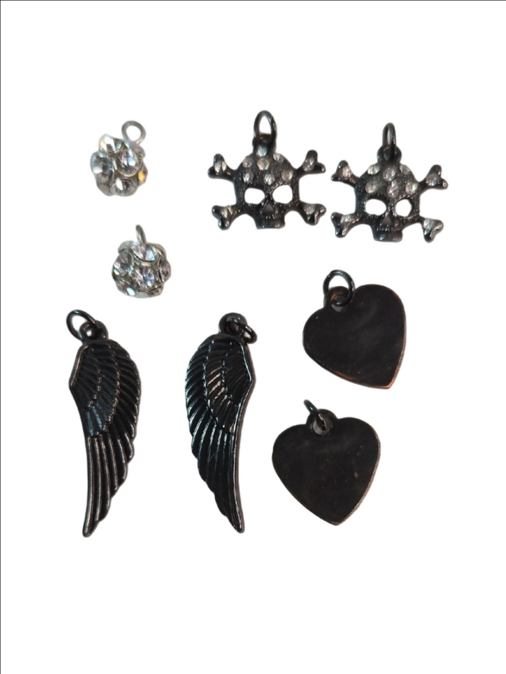 Mixed Gun-Metal Charm Set - Wings, Hearts, Skulls, Wings, Disco Crystals Goth